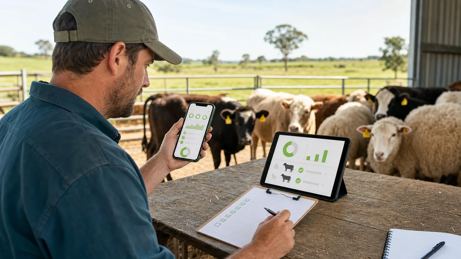 Farmer comparing a simple livestock management app on phone and tablet beside cattle and a record notebook
