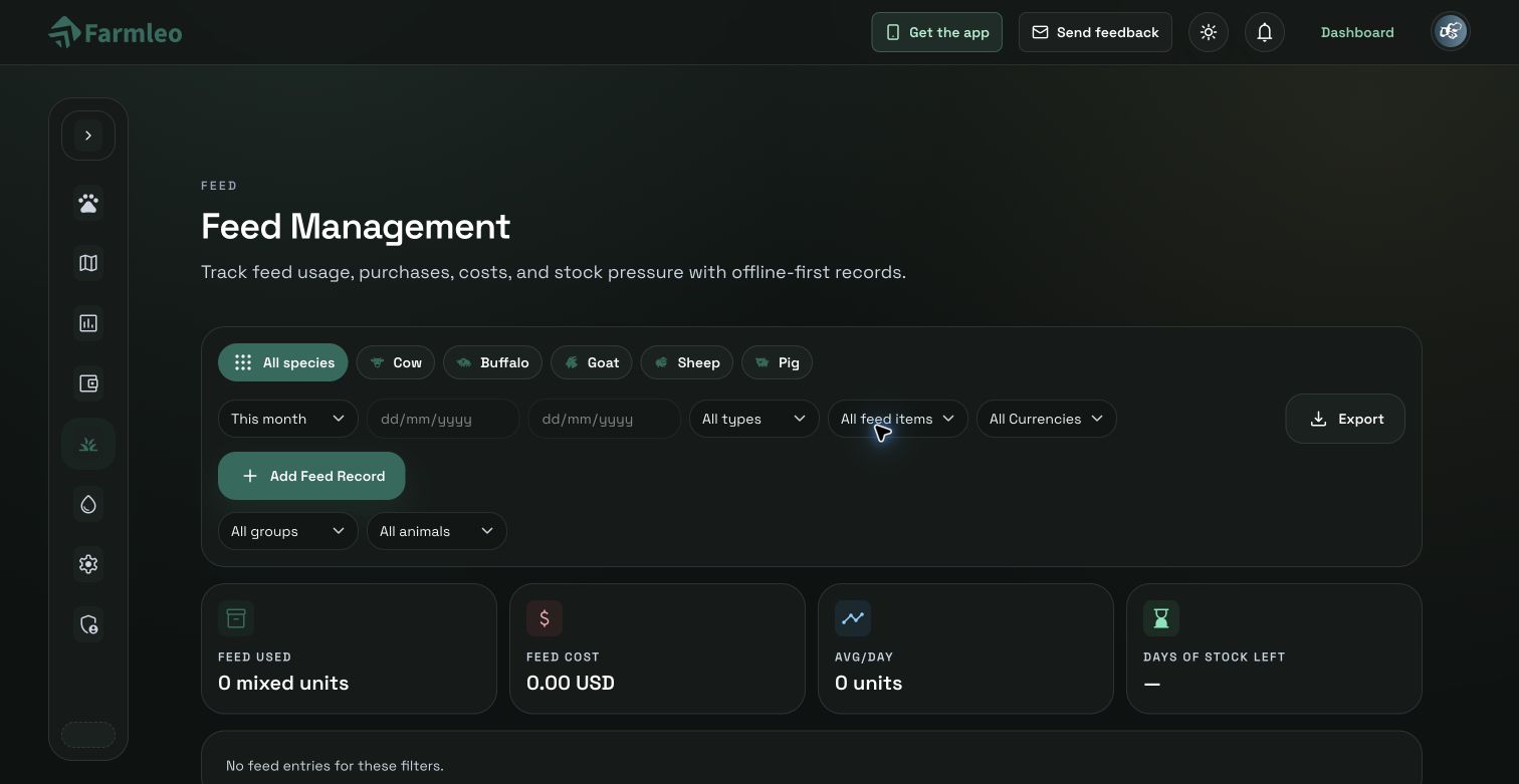 Farmleo feed management screen with feed filters, add record action, usage, cost and stock summary cards