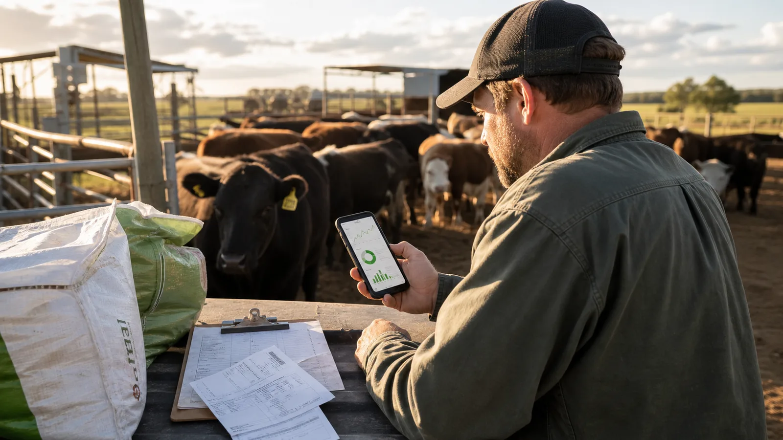 Livestock farmer reviewing feed records and herd performance on a phone beside cattle