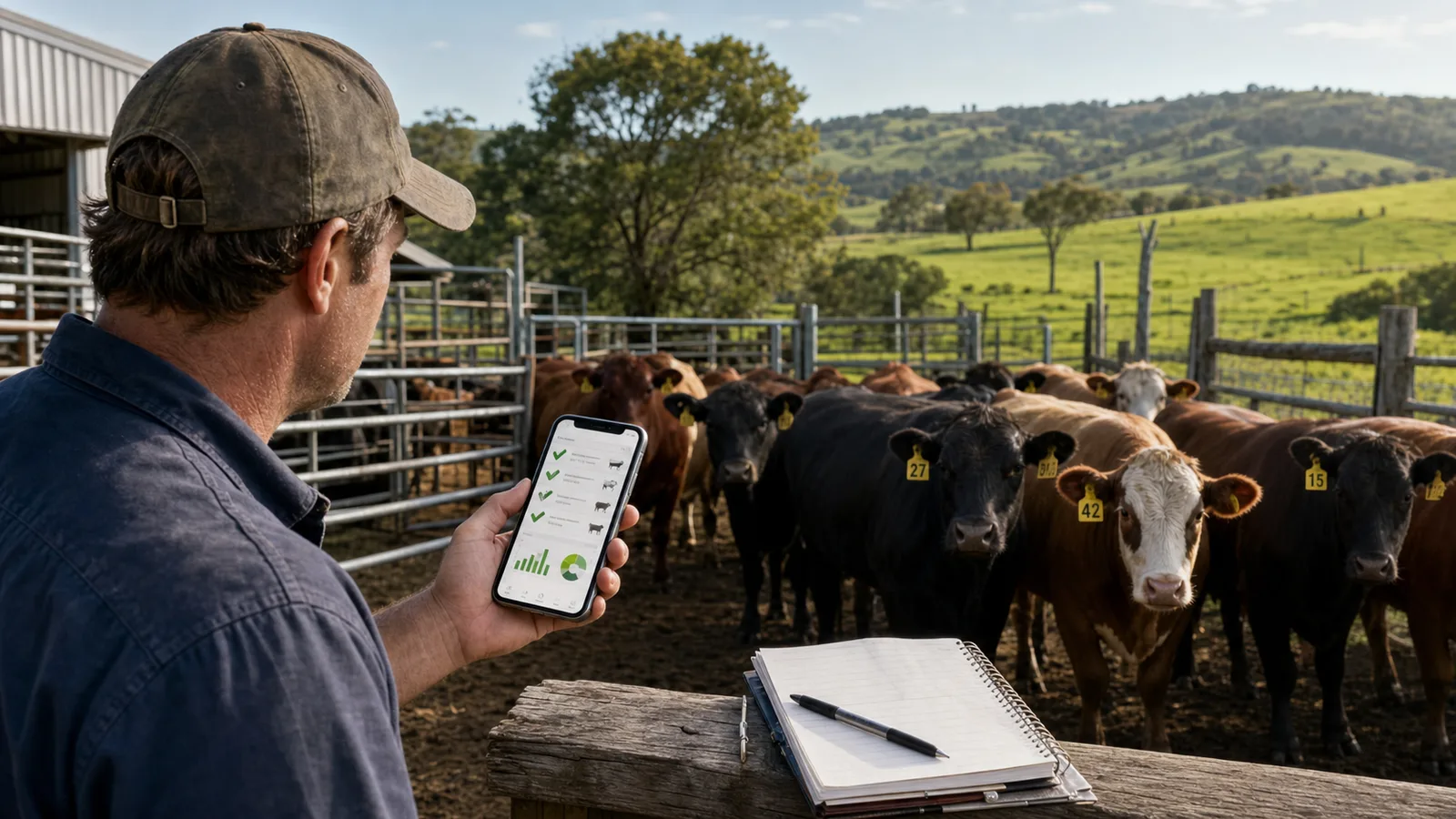 Livestock farmer reviewing digital herd records on a phone beside cattle with numbered ear tags