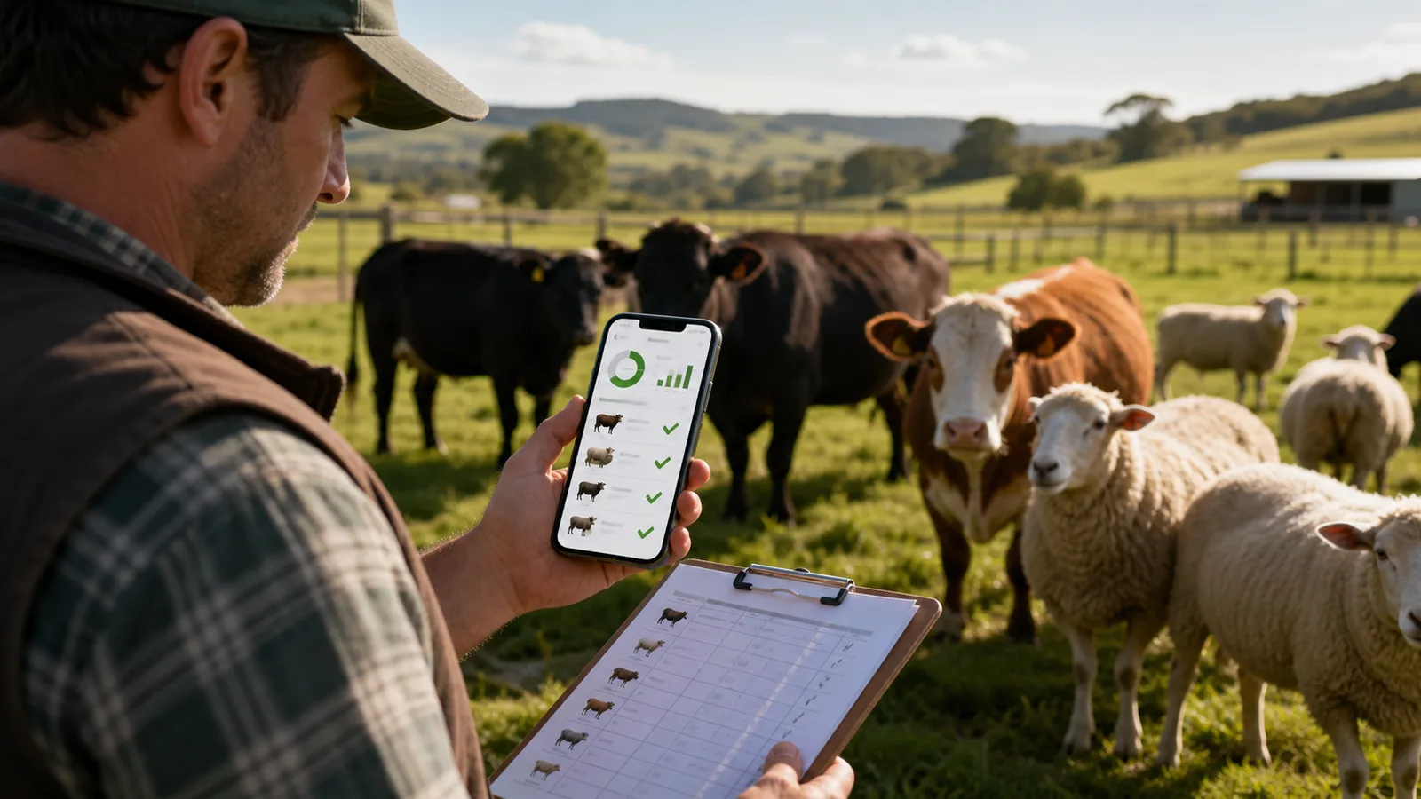 Farmer using a mobile livestock management app in front of cattle and a clipboard in a sunny farmyard