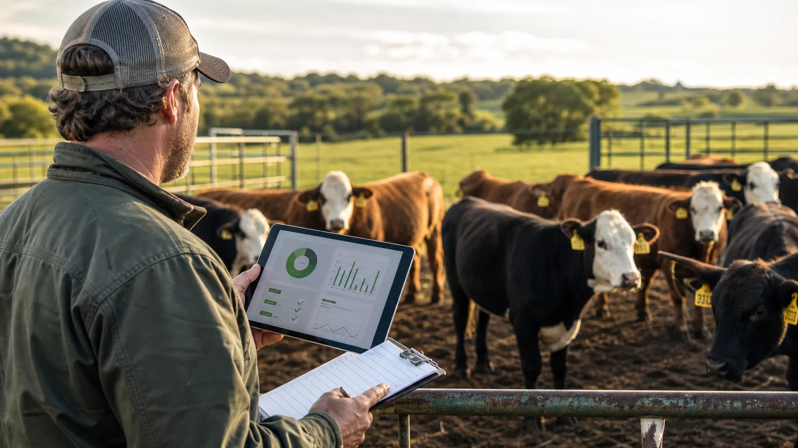 Livestock farmer studying a herd while reviewing digital records on a tablet